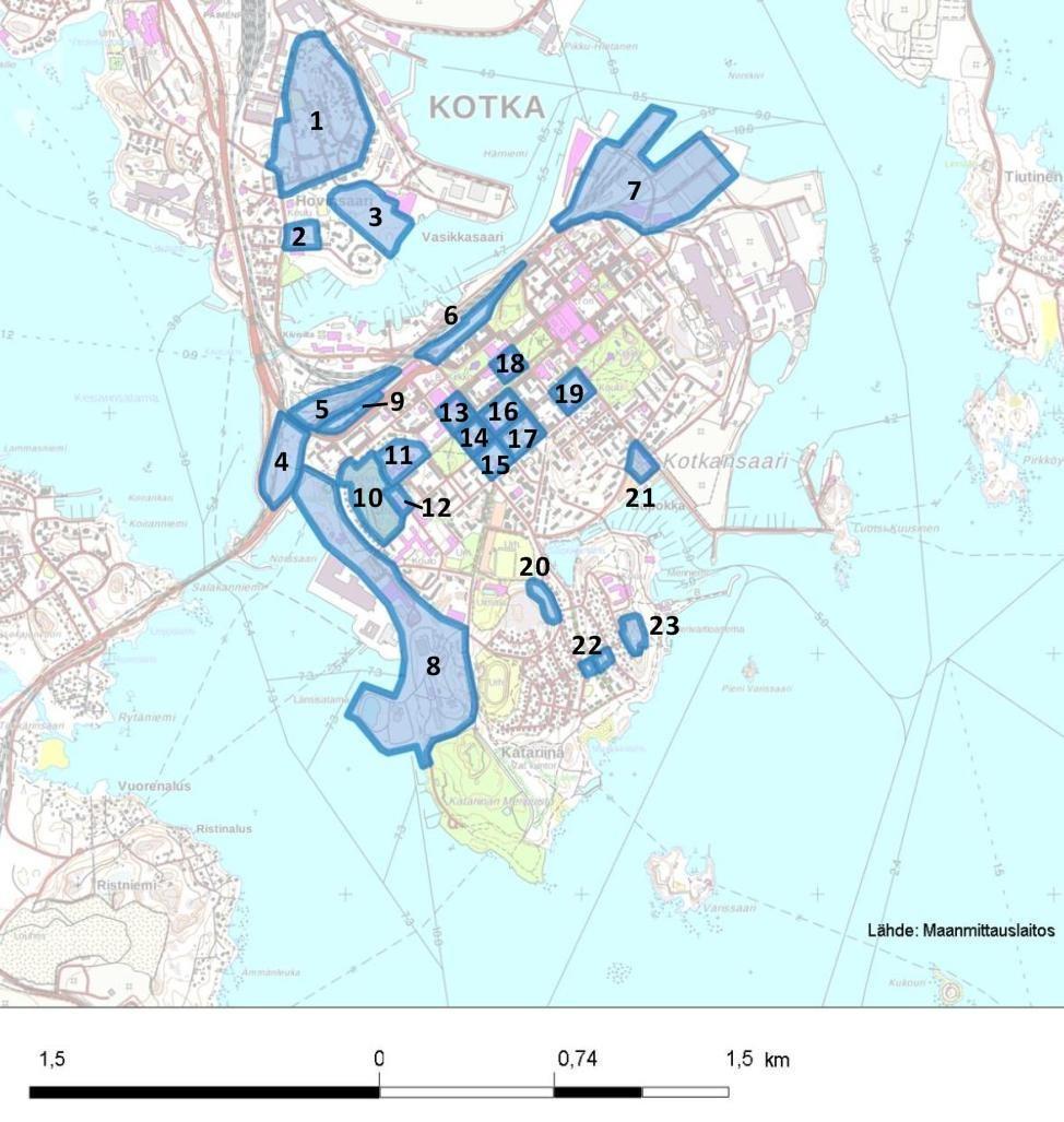 Kartta 1. Luontoselvitysalueet 1 23. Suunnittelualuetta koskevat uhanalaistiedot (Hertta) saatiin Kaakkois-Suomen ELY-keskukselta (Tuula Tanska).