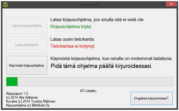 16 Kun kirjausohjelman lataus on valmis, lataa myös tietokanta Lataa tietokanta -napista. Latauksessa voi kestää jonkin aikaa. Nyt kaikki tarvittava on ladattu.