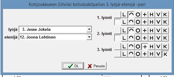 lyönti -sarakkeen ylimmästä rivistä valitaan + ja toisesta rivistä K-kirjain.