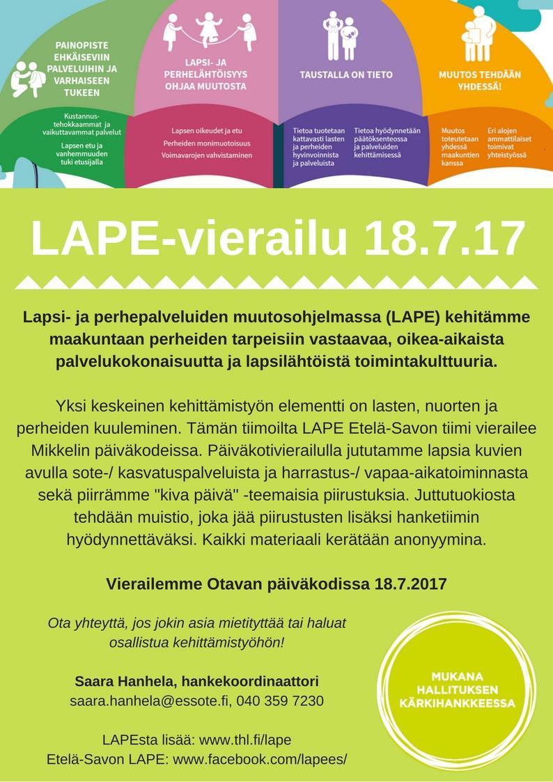 LAPE - Päiväkotivierailut Kesä 2017 4 Mikkelin päiväkotia: Otava, Peitsari, Naisvuori, Orikon Helmi Valikoituivat maantieteellisen sijainnin (eri puolilla kaupunkia) ja kesän aukioloaikojen mukaan