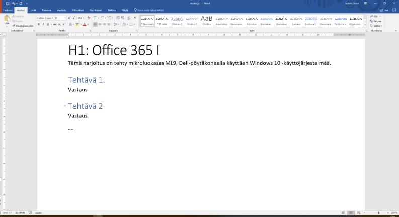 Aluksi Avaa tietokone ja mikäli teet harjoituksen mikroluokassa, kirjaudu sisään peruspalvelutunnuksellasi. Etsi koneelta MS Word tekstinkäsittelyohjelma, ja avaa sillä tyhjä dokumentti.