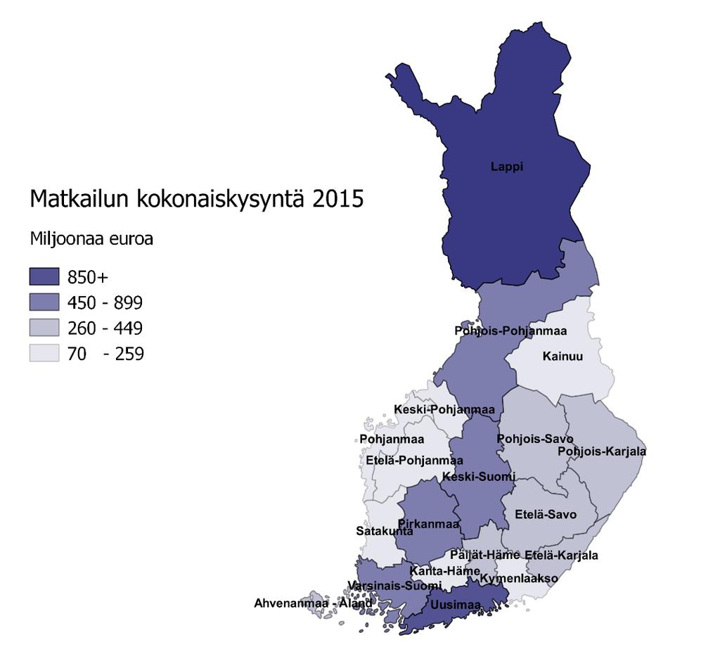 Matkailun kokonaiskysynnästä puolet (6,8 mrd. euroa) kohdistui Uudellemaalle vuonna 2015. Toisena oli Lappi noin 6,3 prosentin (0,9 mrd. euron) osuudella kokonaiskysynnästä.