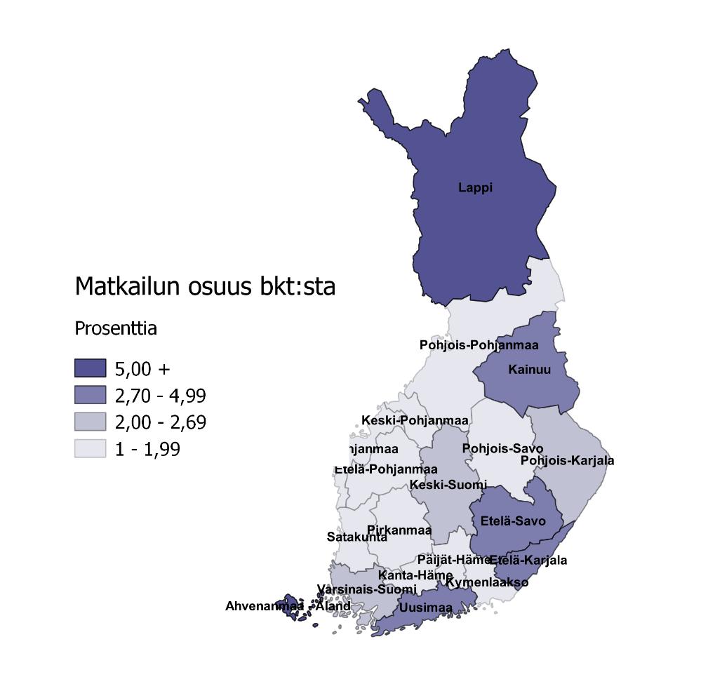 Kuva 2 Matkailun osuus bkt:sta maakunnittain vuonna 2015 Aluetaloudellisesti matkailu on merkittävintä Lapissa, Ahvenanmaalla sekä Itä- ja Kaakkois- Suomen maakunnissa.