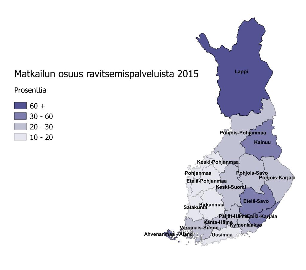 Kuva 3 Matkailun osuus ravitsemispalveluista maakunnittain vuonna 2015 Etelä- ja Lounais-Suomessa ravitsemispalveluiden kysynnästä yli 80 prosenttia oli paikallista.