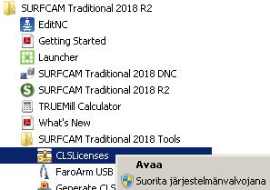 ASENNUSOHJE sivu 4 SURFCAM CLS salasanan asennus Kun olet saanut SURFCAM CLS salasanan sähköpostilla Rensi Finland Oy:ltä asenna se siinä tietokoneessa jossa käytät SURFCAM 2018 versiota ja jossa