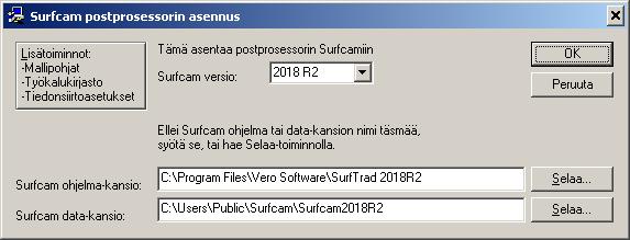 ASENNUSOHJE sivu 5 Postprosessorin päivitys ja asennus Jos sinulla ei ole ollut aikaisempia SURFCAM versioita kuin tämä 2018 tai jos sinulla on jo SURFCAM 2018 version postprosessori mene suoraan