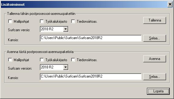 Jos sinulla on aikaisempi SURFCAM versio, sinun täytyy tehdä SURFCAM 2018 postprosessori itse päivitystoiminnon avulla vanhasta postprosessorista, tarkemmin sanoen postprosessoripaketista josta