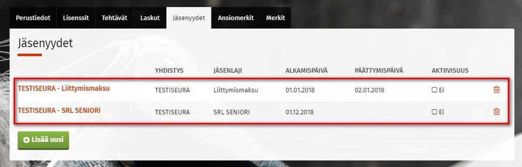 2.4. Liittymismaksu Jos kyseessä on kokonaan uusi jäsenyys ja jäseneltä halutaan laskuttaa ensimmäisenä jäsenyysvuonna liittymismaksu, täytyy hänelle määrittää oma rivi ko. maksulle.