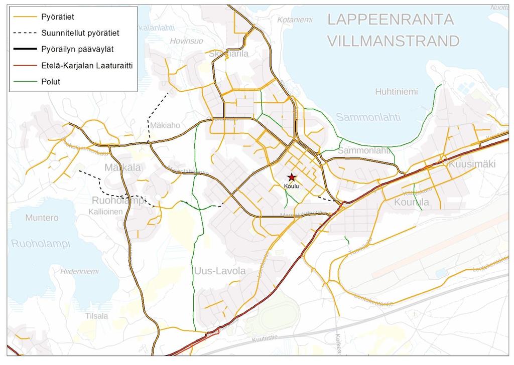 Kuva 4. Koulunkäyntialueen pyörätiet ja polut. Osa pyöräteistä on pyöräilyn pääväyliä ja Helsingitien & Salpausselänkadun varressa kulkeva pyörätie on Etelä-Karjalan laaturaitti.