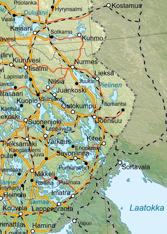 ITÄ-SUOMI YHTEENVETO LIIKENNEJÄRJESTELMÄN JA TOIMINTAYMPÄRISTÖN TILASTA JA KEHITYKSESTÄ Toimintaympäristö: Venäjän läheisyys ja yhteydet Venäjälle korostuvat Matkailu, kaivostoiminta, metsäteollisuus