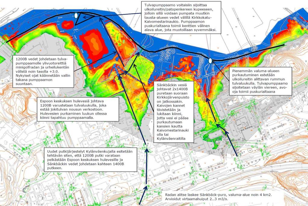 FCG SUUNNITTELU JA TEKNIIKKA OY Loppuraportti 11 (13) Tausta-alueen hulevesien pumppaustarpeen järkevöittämiseksi ja kustannusten hallitsemiseksi esitetään, että suunniteltuja