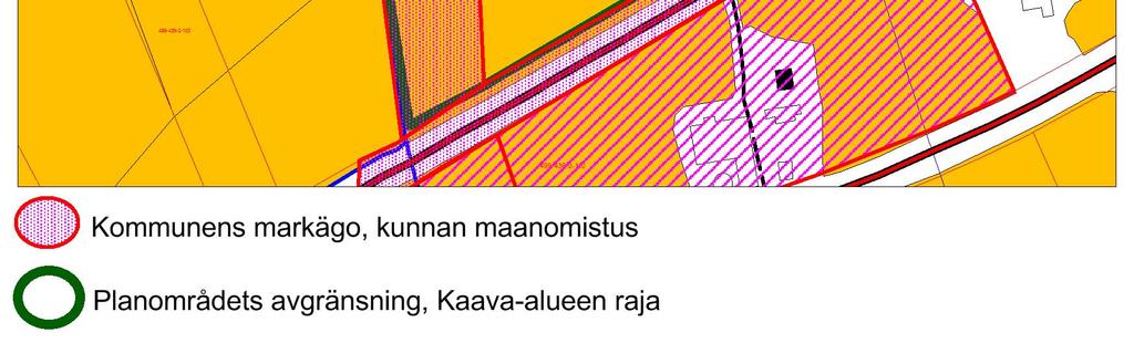 Punaisella rajattu, tiheällä viivoituksella oleva alue on kunnan omistamaa maata.