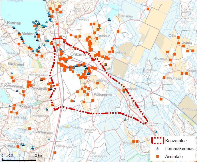 19.3.2018 11 (37) 4 Suunnittelualueen nykytilanne 4.1 Maankäyttö ja asutus Kuva 4.1. Asutus kaava-alueella. Tohmajärvi sijaitsee Pohjois-Karjalan kaakkoisosassa, Keski-Karjalan seutukunnassa.