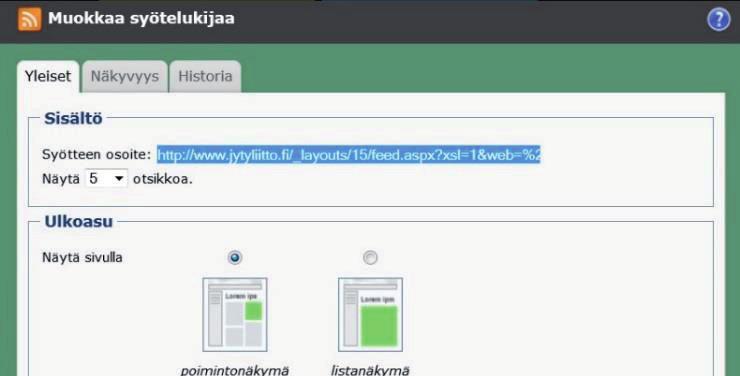 Tapahtumatsivun alle. Tällöin kannattaa tapahtumaa mainostaa Uutispalstalla lisäämällä tapahtumasivulle vievän linkin. Vasemman reunan syötelukija (rss) Voit käyttää syötelukijaa esim.