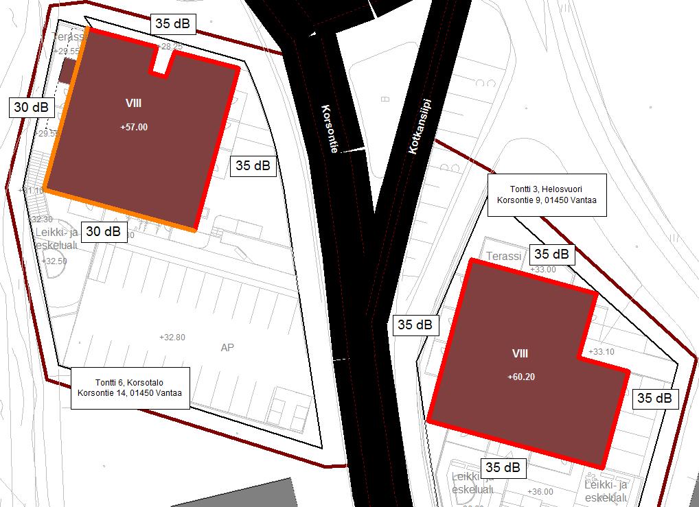 Tie ja raideliikennemeluselvitys Asemakaavan muutos: 9 (tontti 3, Helosvuori) ja 14 (tontti 6, Korsotalo), Vantaa Julkisivujen ääneneristävyysvaatimus on suurimmillaan 35 db(a).