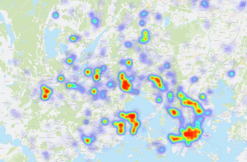 7 Kuva 5. Työ- ja opiskelupaikat OpenStreetMap Kyselyvastausten perusteella Pohjois-Espoon ja Leppävaaran alueen joukkoliikenteen vuorovälejä ja vaihtojen toimivuutta tulisi kehittää (kuva 6).