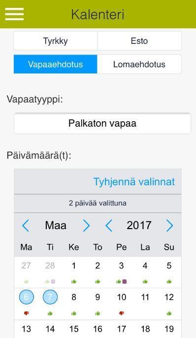 Vapaaehdotus ja lomaehdotus Paina Vapaaehdotus ja valitse vapaatyypiksi palkaton vapaa tai muu palkallinen vapaa. Valitse kalenterista haluamasi päivät ja merkitse kellonaika.