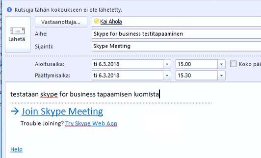 Kokouskutsu Outlook -ohjelman kautta Avaa Outlook -sähköpostiohjelma -> Kalenteri Klikkaa työkaluriviltä New Skype Meeting -kuvaketta Skype kokouskutsu muistuttaa tavallista kokouskutsua, eli voit