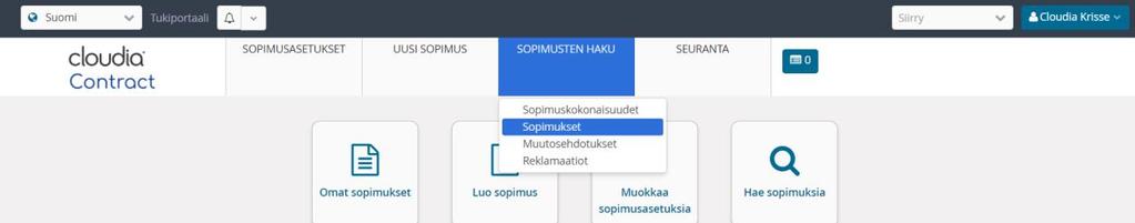 Lisäysten/ muutosten tekeminen voimassaolevalle sopimukselle on ohjeistettu kappaleessa 1.5. Sopimuksen tila = vaihda sopimuksen tila avaamalla rivillä oleva valikko ja valitsemalla Voimassa oleva.