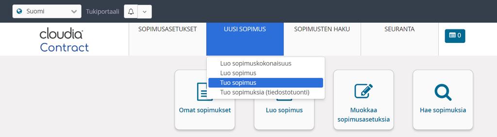 6 (21) Tämän jälkeen voit siirtyä takaisin Sopimushallinta -sovelluksen puolelle valitsemalla yläpalkista toiseksi viimeisestä alasvetovalikosta (jossa lukee Käyttäjähallinta) valikon auki ja sieltä