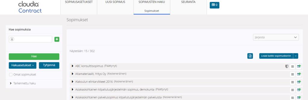 ja toimittajat (nimi, tunnus, osoite) Sopimuksen vastuu- ja varavastuuhenkilöt (nimi, käyttäjätunnus) Allekirjoittajat (nimi, titteli) Lisätiedot Hakua voidaan tarkentaa lisäämällä hakuehtoja