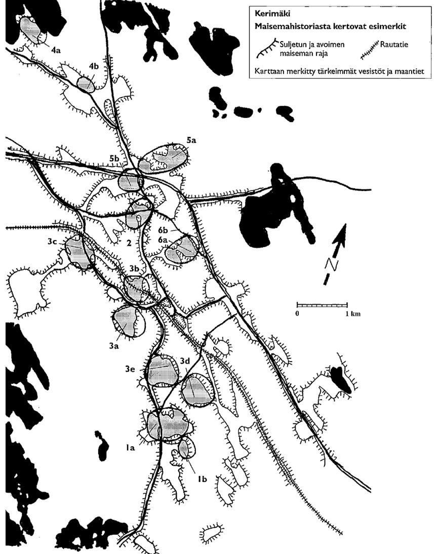 Kuva 6. Kerimäen tutkimusalue, rautatie ja tärkeimmät maantiet.