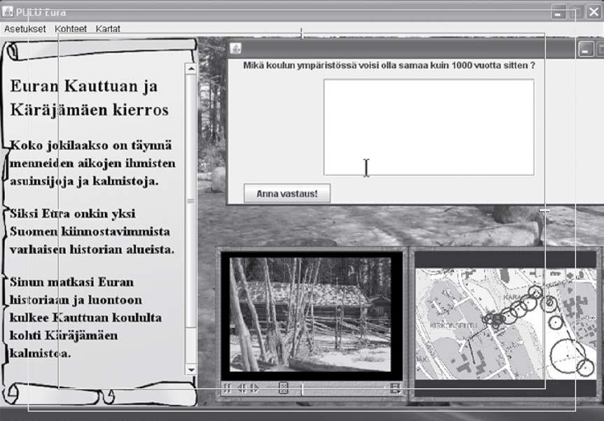 Ohjelma käyttää lähes koko tietokoneen näytön. Sisältö on jaettu osiin, joita ovat tekstit (suurenee koko näytölle kuten muut sisällön osat), kysymykset, videot ja kartat.