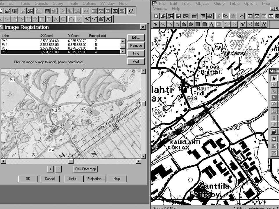 Kuva 2. Kuvassa on tietokoneen näytöllä auki kaksi Mapinfo-ikkunaa: oikealla referenssikartta, mistä voi katsoa vastinpisteiden koordinaatit. Vasemmalla asemoitavana isojakokartta.