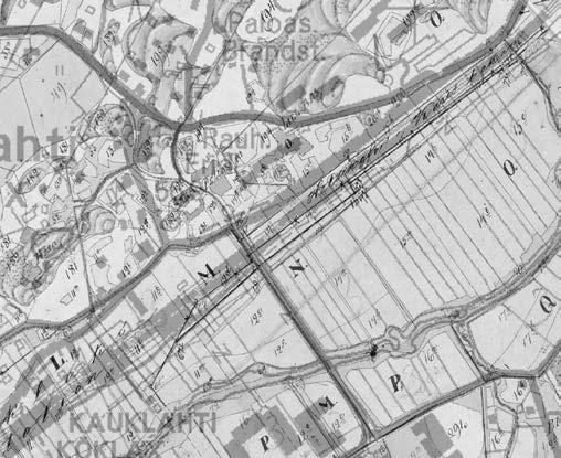 Kuva 3. Isojakokartta samassa koordinaatistossa nykykartan kanssa. Isojakokartta on muutettu hieman läpikuultavaksi, jolloin moderni infrastruktuuri näkyy sen alta harmaana.