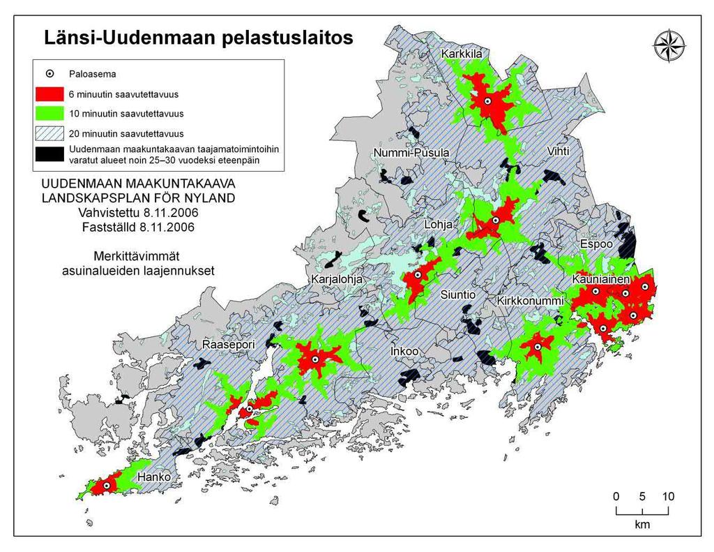 Kuva 3. Länsi-Uudenmaan nykyisten paloasemien saavutettavuus sekä Uudenmaan maakuntakaavan taajamatoimintoihin varatut alueet noin 25 30 vuodeksi eteenpäin.