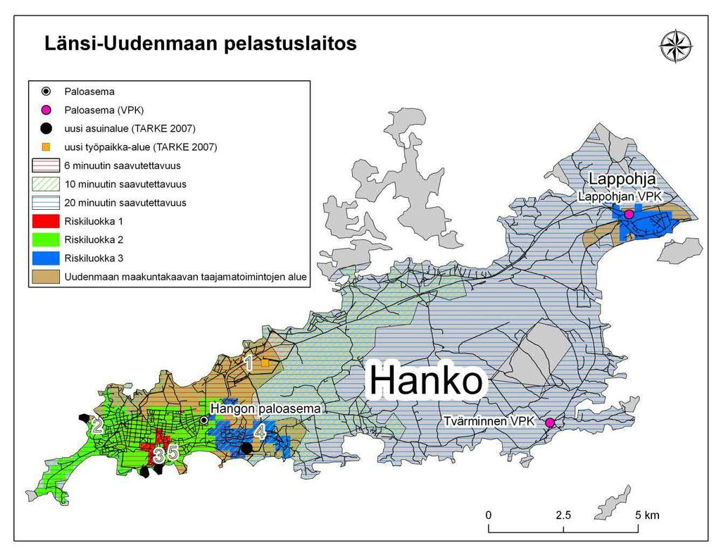 5.3.2 Hangon aluerakenteen muutokset ja pelastustoimen saavutettavuus Tilastokeskuksen väestöennusteissa Hangon väkiluku pienenee n. 2.6 prosenttia vuoteen 2030 mennessä.