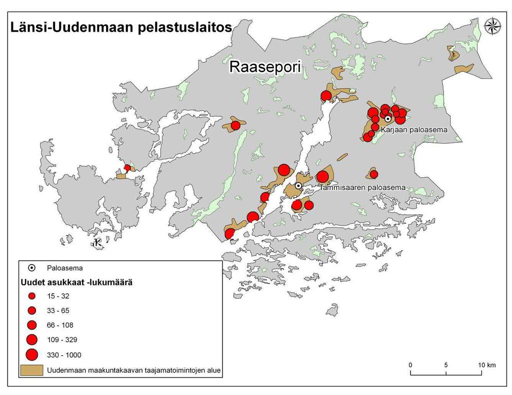 Kuva 19. Raaseporin Uudenmaan maakuntakaavan taajamatoimintojen alueet, uudet asuinalueet ja arvioitu asukasmäärä (lähde: Uudenmaan liitto 2007). 5.3.