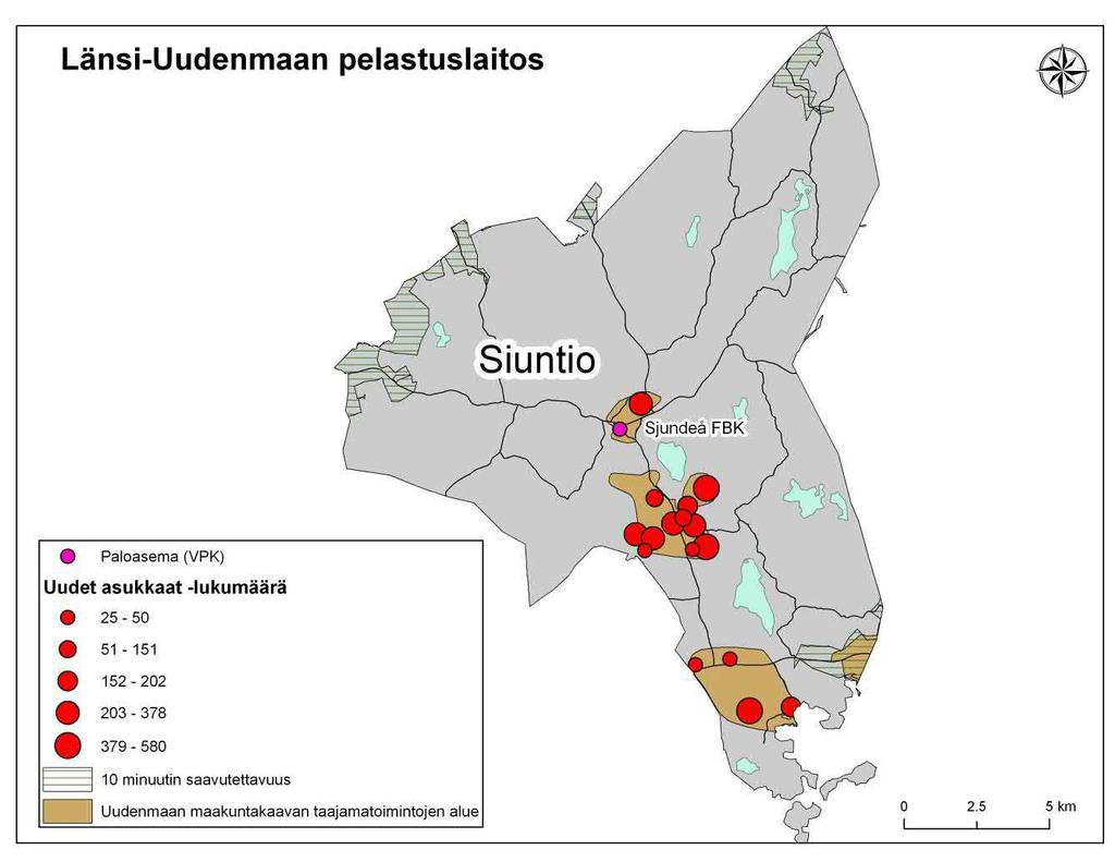 Kuva 21. Siuntion Uudenmaan maakuntakaavan taajamatoimintojen alueet, uudet asuinalueet ja arvioitu asukasmäärä (lähde: Uudenmaan liitto 2007). 5.3.