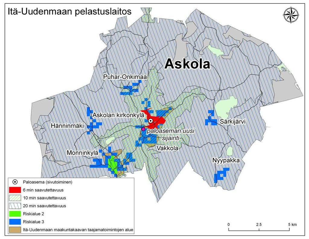 sijainnin myötä. Askolan kunnan koillisosassa on Nyypakan- ja Alhon keskittymien alueella 3 luokan riskialue, jonka saavuttamiseen menee yli 15 minuuttia (kuva 48).