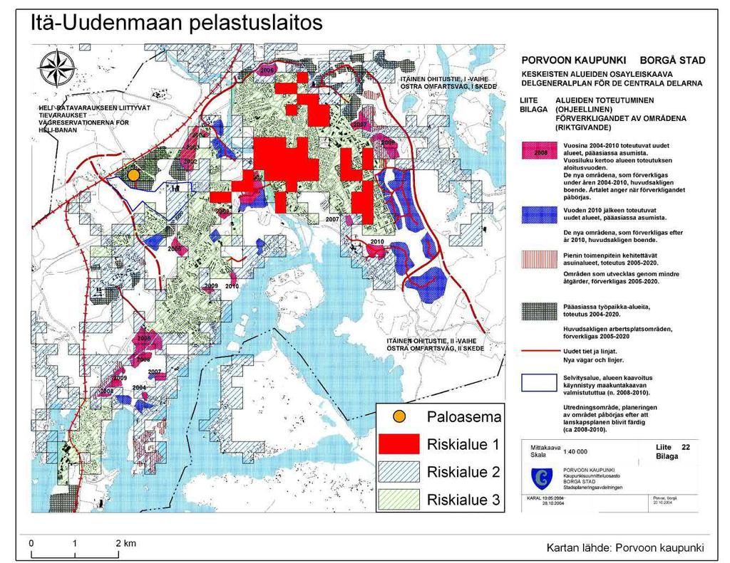 Kuva 53. Porvoon keskuksen riskiluokitus ja Porvoon kaupungin keskeisten alueiden osayleiskaava sekä alueidenkäytön toteutumisaikataulu (lähde: Porvoon kaupunki). 5.9.