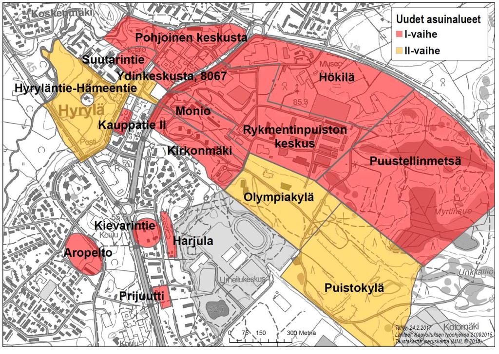 Kuva: Uudet asuinalueet Hyrylän keskustassa ja arvio asukasmäärästä. Talotyyppijakaumassa tapahtuu kaavaratkaisulla suuri muutos.