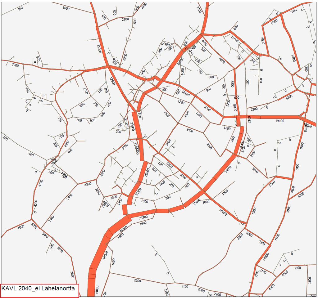 Kuva: Arkivuorokauden liikenne-ennuste vuodelle 2040 yleiskaavan mukaisella perusliikenneverkolla, josta on poistettu
