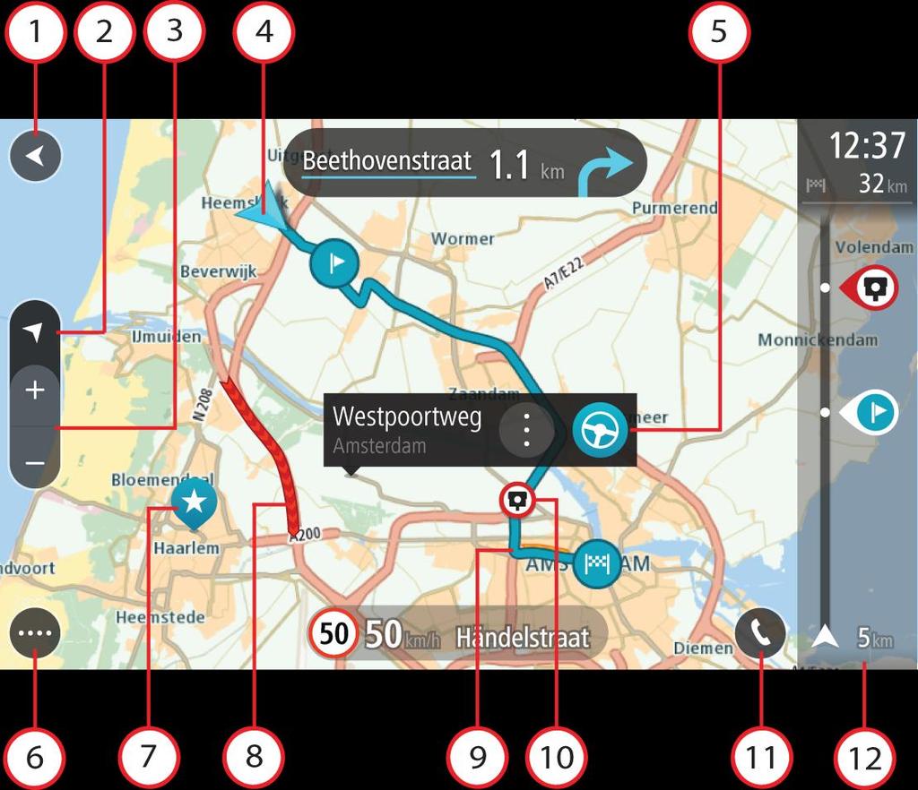 Näytössä näkyvät tiedot Karttanäkymä Karttanäkymä näkyy silloin, kun reittiä ei ole suunniteltu. Nykyinen sijaintisi tulee näkyviin heti, kun TomTom GO Camper löytää GPS-sijaintisi.