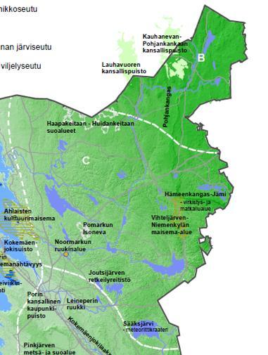 Suomenselkä sekä Pohjois- Satakunnan järviseutu Vaihtelevat pinnanmuodot, metsäisyys, soiden runsaus sekä muuta maakuntaa harvempi asutus Alueella hyvät mahdollisuudet kokea luonnonrauhaa