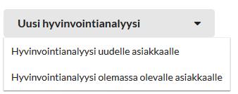 14 3. Yksilöt 3.1 Uuden hyvinvointianalyysin luominen Uuden hyvinvointianalyysin voit luoda joko etusivulta löytyvällä Uusi hyvinvointianalyysi - painikkeella (ks.