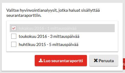 47 Seurantaraportin saat luotua valitsemalla Luo seurantaraportti. Valitse avautuvassa ikkunassa hyvinvointianalyysit, jotka haluat mukaan seurantaraporttiin.