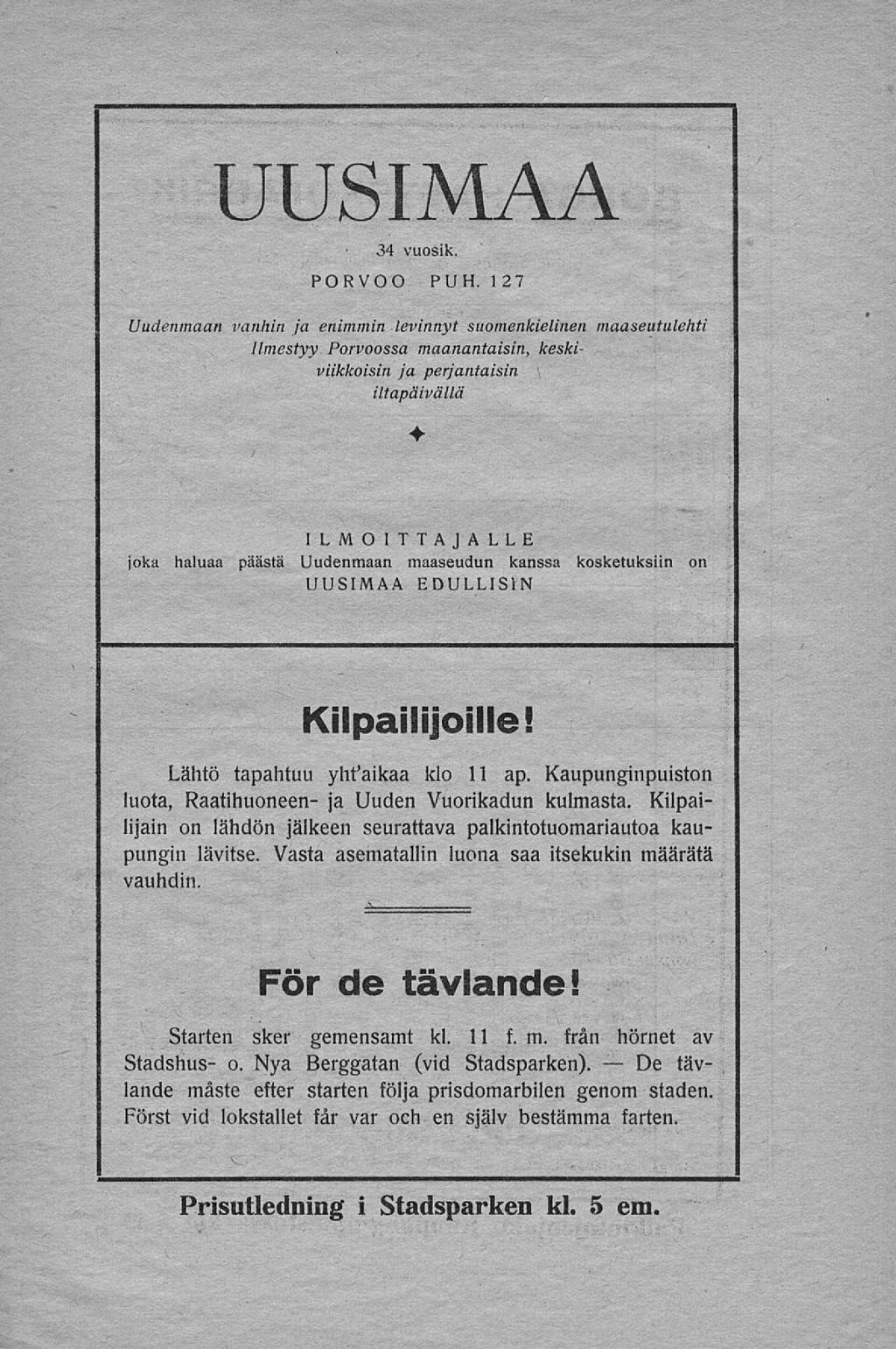De UUSIMAA 34 vuosik. PORVOO PUH.