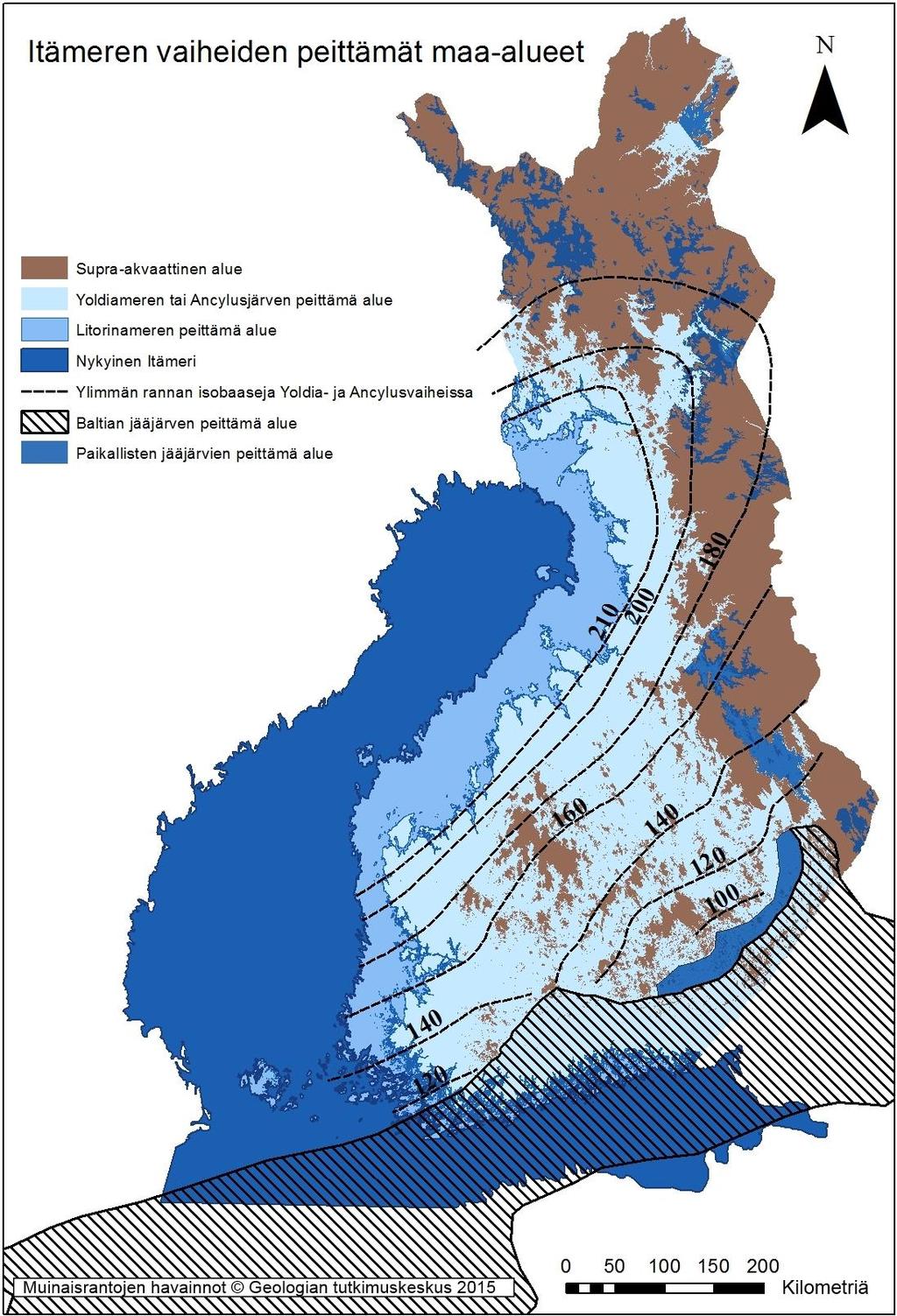 14 Kuva 4: Eri Itämeren vaiheiden ja paikallisten jääjärvien peittämät maa-alueet.