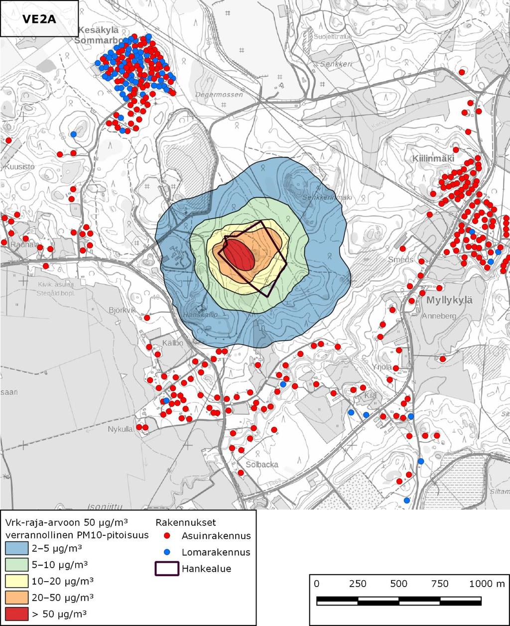 3.1.4 VE2A Kuva 14. VE2A: Vuorokausiraja-arvoon 50 µg/m 3 verrannolliset PM10-pitoisuudet (vuoden 36.