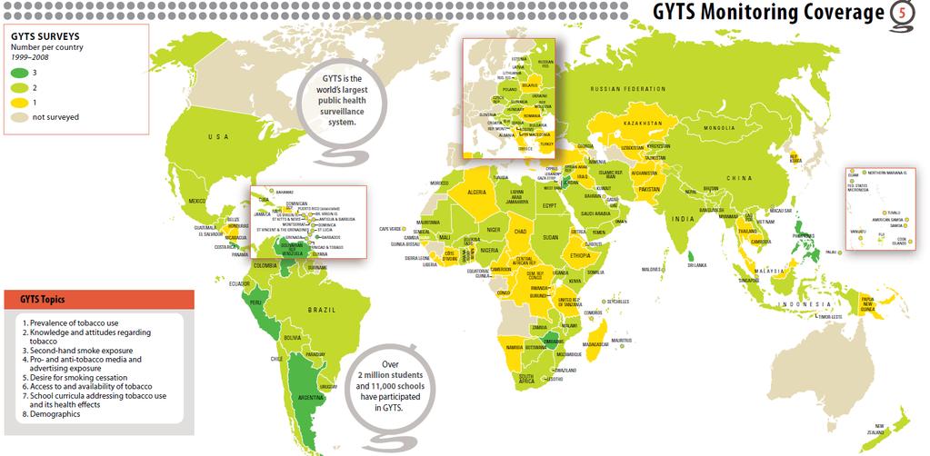 Ensimmäinen GYTS tehtiin vuonna 1999. Kartta osoittaa ne 160 maata, jotka olivat toteuttaneet kyselyn vuoteen 07 mennessä.