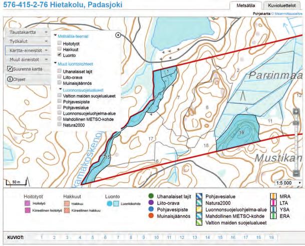 Luonto Luonto-välilehdeltä löydät Metsäkeskuksen tiedossa olevat luontokohteet metsätilallasi. Metsätilan kartalla näet myös Museoviraston ja Ympäristökeskuksen luontotietoa.