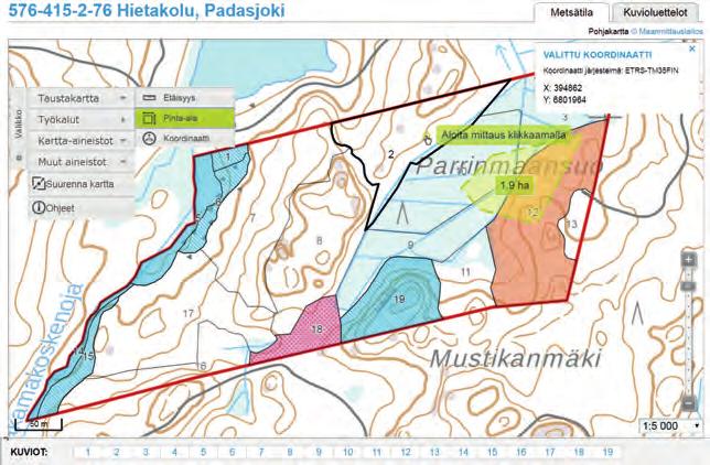 Kartalle on merkitty kuvionumerot, tilalla olevat hoito- ja hakkuuehdotukset sekä luontokohteet.