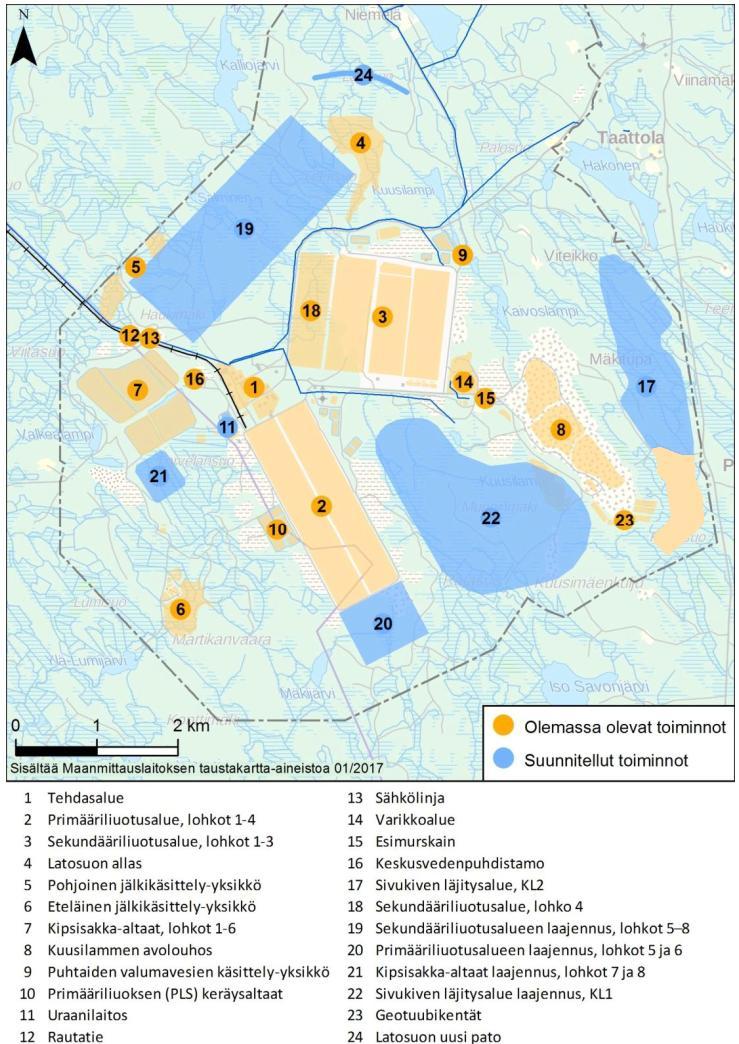 Ympäristövaikutusten arviointiohjelma 12 Kuva 3-2. Kaivoksen toteutuneiden (keltainen) ja suunniteltujen (sininen) toimintojen sijainti kaivospiirin alueella (Pöyry Finland Oy 2017a).