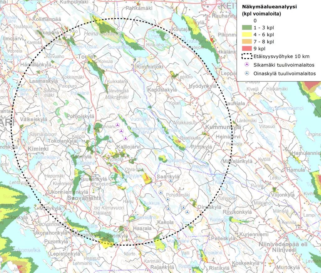 10/32 Sikamäen ja Oinaskylän tuulivoimahankkeiden maisemallisten yhteisvaikutusten selvittämiseksi on tehty näkymäalueanalyysi.