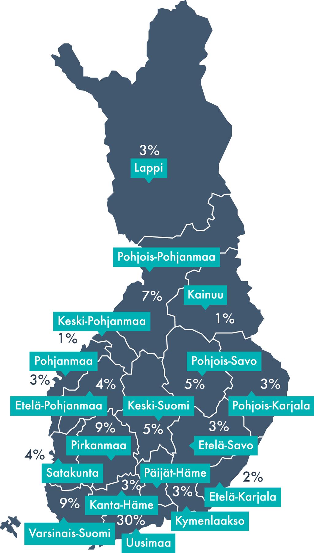 MISSIOMME SUOMEN SUURIN PALVELUKSESSASI Maakuntien omistusosuudet Maakuntien tilakeskuksesta vuoden 2020 alusta lähtien. Omistusosuus perustuu maakunnan väestömäärään.